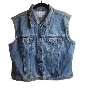 L.A. Blues Vintage Embellished Cotton Denim Vest Pleated Size XL One Of A Kind